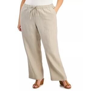 Charter Club 100% Linen Wide Leg Pants Pull On Tan Beige Drawstring Womens 2X